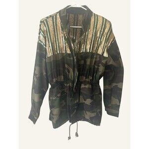 Women Med Sequins Patchwork Bomber Jacket Camouflage full Zip Drawstring waist